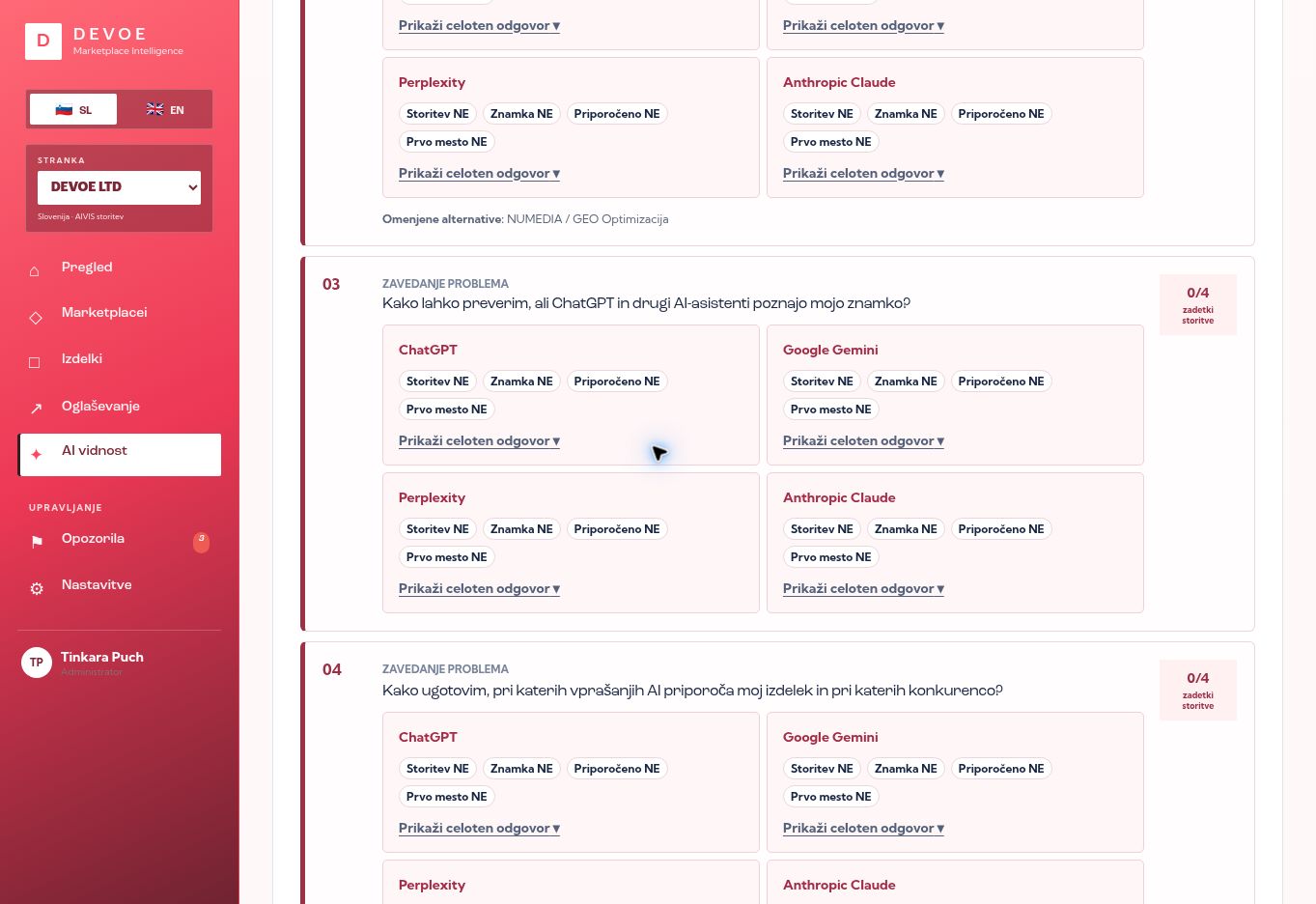 Slovenski DEVOE AIVIS portal z vprašanji in validiranimi rezultati ChatGPT, Gemini, Perplexity ter Claude